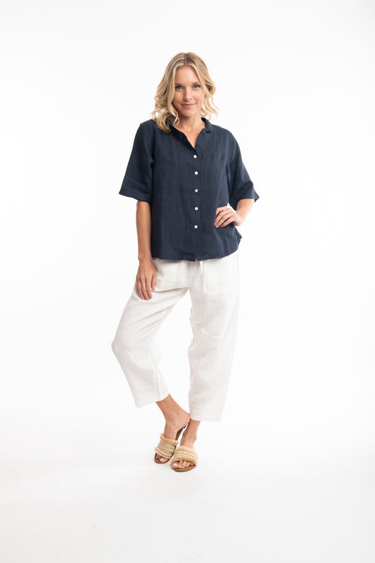 Ella Pure Linen Shirt - Navy