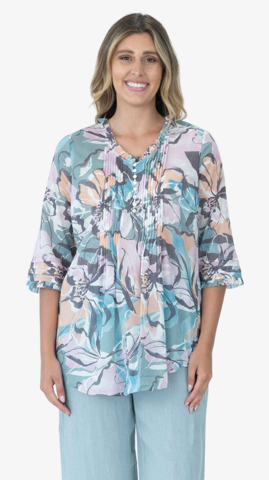 Macey Pintuck Shirt-Sage/Pink Floral