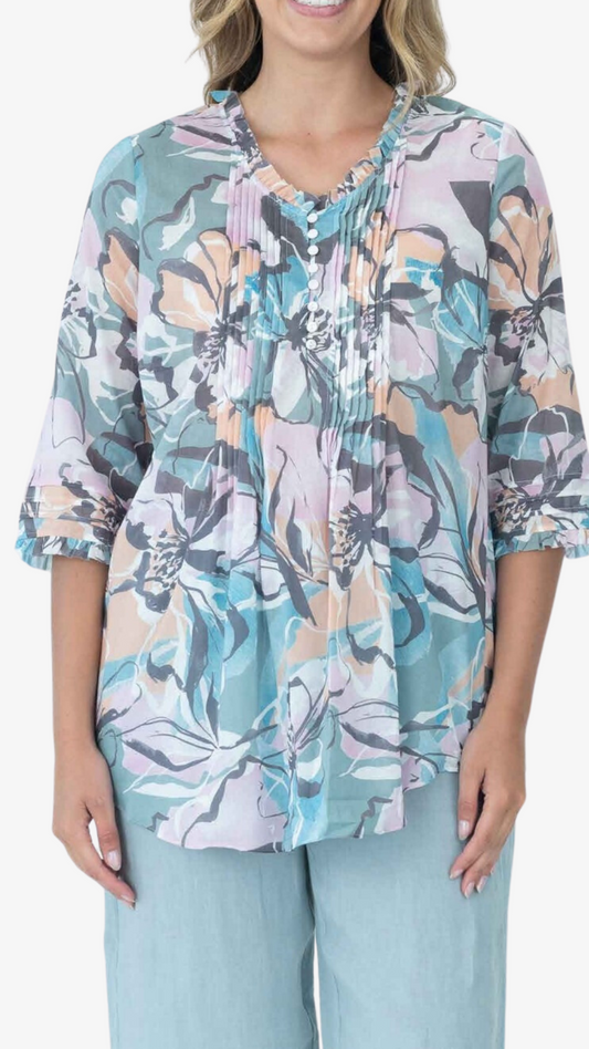 Macey Pintuck Shirt-Sage/Pink Floral