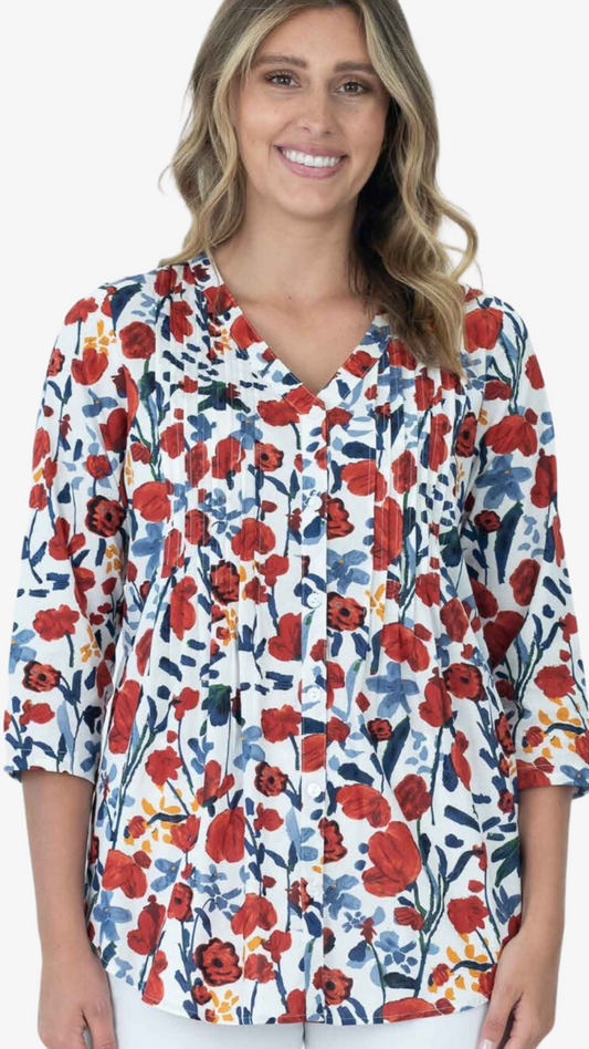 Poppy Pintuck Shirt- Red Floral