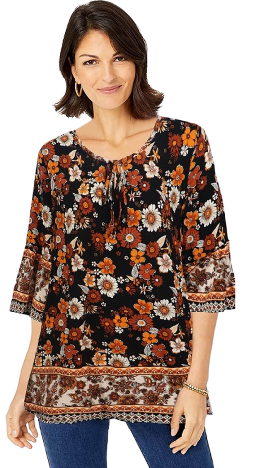 Belle Floral Top - Black/Orange